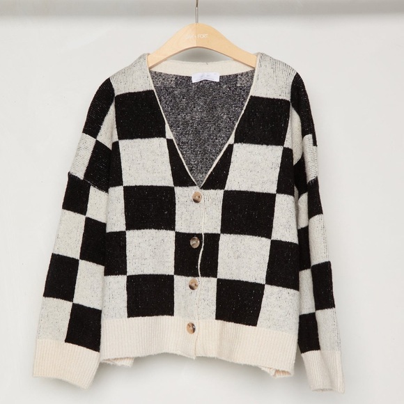 Oak + Fort Checkered Oversized Front Button Cardigan Sweater - Picture 2 of 10